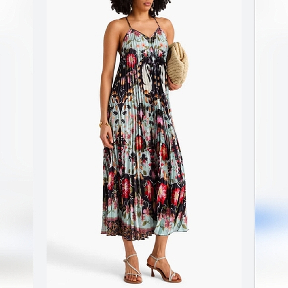 NWT$280 FARM RIO Blue Flowing Beauty Pleated Sleeveless Midi Dress Size Large - Picture 8 of 16